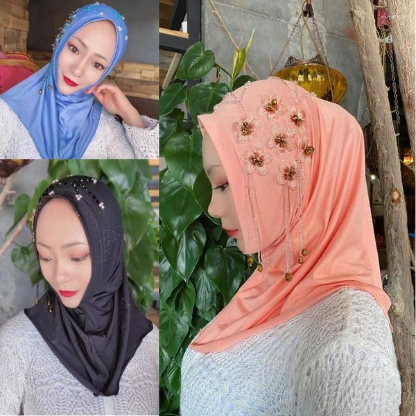 Ropa étnica Musulmán Islámico Hijab Lujo Con cuentas Mujeres Head Wear Shawl Wrap Turban Caps Sombrero árabe Hijabs Patrón bordado Cap Moda