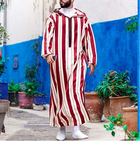 Vêtements ethniques Musulman Jabador Homme 2023 Arabe Robe Tunique Jubba Thobe Pour Hommes Automne Rayé Longue Robe À Capuche Pakistan Arabie Saoudite Caftan