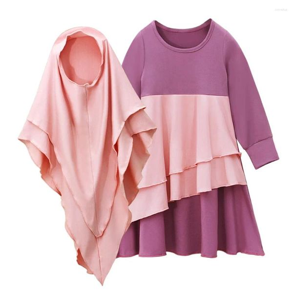 Ropa étnica Niños musulmanes Niñas Vestido de oración Hijab Set Abaya Árabe Túnica larga con pañuelo en la cabeza Vestidos islámicos Khimar Vestido Kaftan 2 piezas