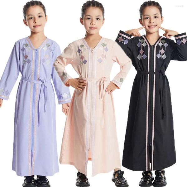 Ropa étnica Musulmán Niños Niñas Cremallera Frente Abierto Abaya Marruecos Kaftan Ropa Islámica Niño Eid Ramadán Jalabiya Árabe Robe Caftan Vestido