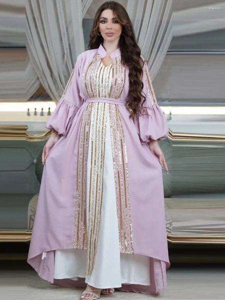 Ropa étnica Muslim Kuwait Conjunto de dos piezas Dubai Abayas para mujeres Lentejuelas de lujo Bordado Kimono Cardigan Robe con chaleco Traje Islam