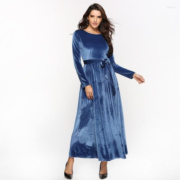 Ropa étnica musulmana vestido de terciopelo para mujer moda islámica de invierno ropa de manga larga sólida de una pieza bata suave y cálida vestidos de graduación azul