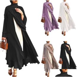 Vêtements ethniques Musulman Manches longues Flowy Maxi Cardigan Islamique Ouvert Avant Kimono Abaya Robe Turquie Kaftan Couleur Solide Ceinture Drop Del Dhezl
