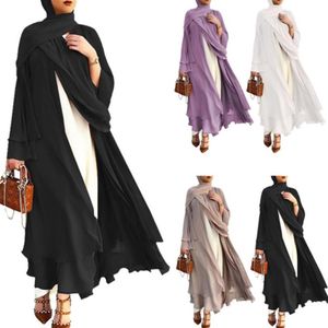 Etnische kleding moslim lange mouw zwierig maxi vest islamitische open voorkant kimono abaya gewaad kalkoen kaftan effen kleur riem los225O