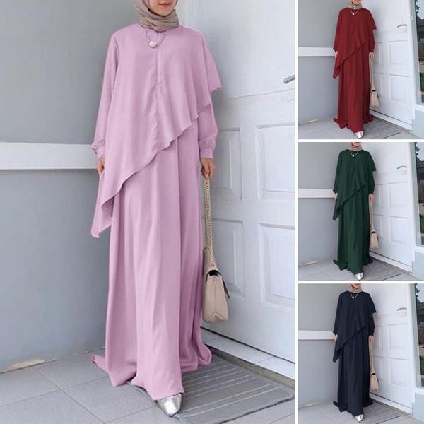 Ropa étnica Musulmana de manga larga con borde de volantes Falda Abaya Kaftan Diseño irregular Moda Vestido informal suelto