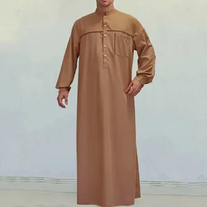 Vêtements ethniques Menus musulmans Jubba thobe à manches longues poche couleur solide robes respirant collier