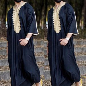 Vêtements ethniques hommes musulmans Jubba Thobe à manches longues broderie islamique col en V Kimono Robe Abaya Caftan Dubaï chemises habillées arabesEthni258V