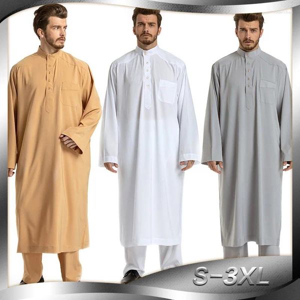 Ropa étnica hombres musulmanes jubba thobe manga larga con túnica sólida de dos piezas collar kaftan islámico abaya