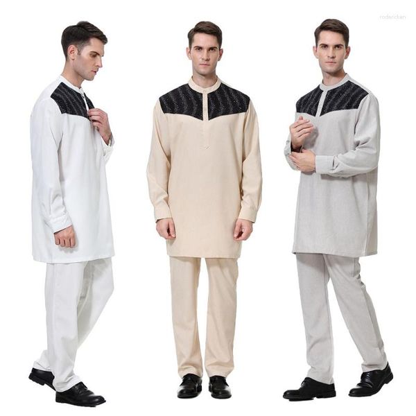 Vêtements ethniques hommes musulmans Jubba Thobe solide 2 pièces hauts à manches longues pantalons costumes islamique arabe saoudien Eid Mubarak Ramadan Moyen-Orient