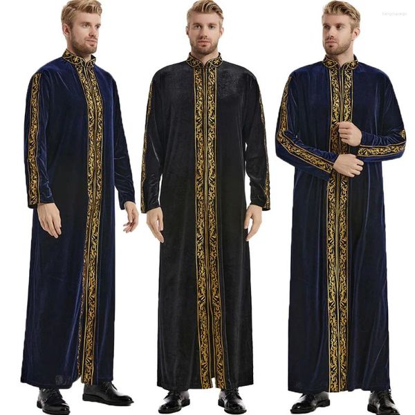 Vêtements ethniques Hommes musulmans Velours Broderie Jubba Thobe Islam Ramadan Abaya Robe Longue Robe Arabie Arabe Musulman Caftan Moyen-Orient