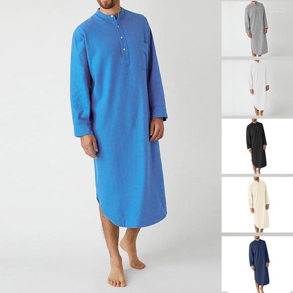 Ropa étnica musulmana para hombre vestido caftán marroquí manga larga islámico Qamis hombre botones Abaya Color sólido camisa árabe Thobe para hombres