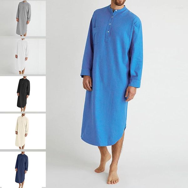 Vêtements ethniques Musulman Hommes Robe À Manches Longues Casual Mâle Abaya Coton Chemise De Nuit Au Genou Arabe Tunique Chemises Noir Jubba Thobe Blanc