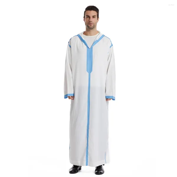 Ropa étnica Musulmán Medio Oriente Mangas largas Ramada Robe Árabe Color con capucha Contraste Islámico Kaftan Thawb Maxi-Muslim Dubai Thobe