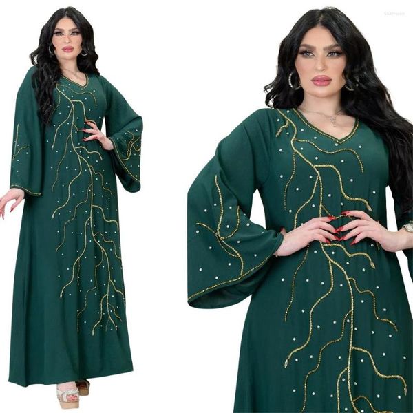 Ropa étnica musulmán Oriente Medio Arabia Saudita vestido diamantes de imitación rebordear túnicas sueltas mangas acampanadas Dubai Abaya Turbante Mujer Elegante