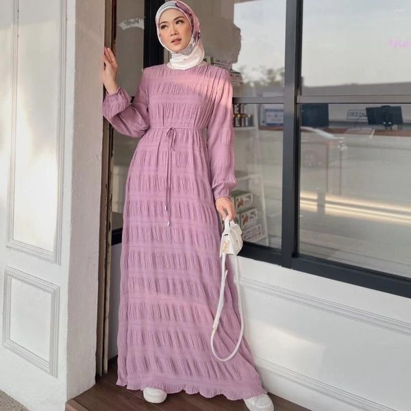 Vêtements ethniques Musulman Moyen-Orient Femmes Abaya Malay Robe Élégante Manches Longues En Mousseline De Soie Robe Plissée Mode Maxi Robes Avec Ceinture