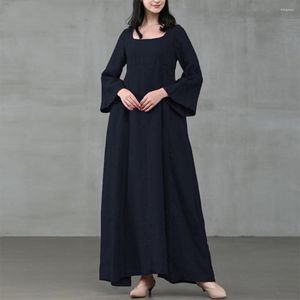 Ropa étnica Musulmán Plain Kaftans para mujeres Moda Cuello cuadrado Mangas acampanadas Vestido largo de algodón Arabia Saudita Islam Feeme Robe suelto