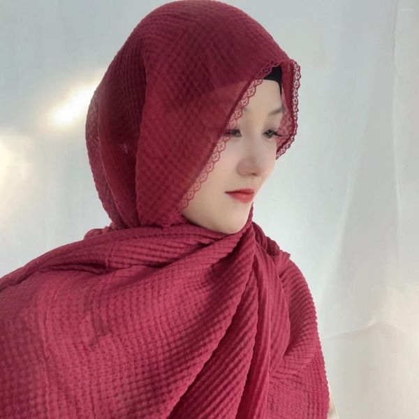 Vêtements ethniques Musulman Plissé Dentelle Hijab Coton Écharpe Doux Crinkle Arabe Châle Wraps Bandeau Foulards Malaisiens Châles Fournisseur