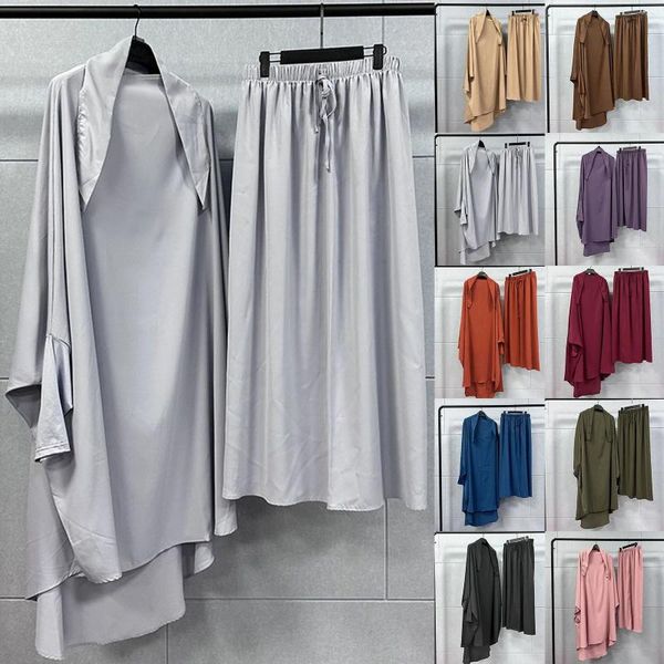 Vêtements ethniques Musulman Plus Taille Deux Pièces Ensemble Chemise Longue Jupe Robe Couleur Unie Casual Robes Lâches Cordon Taille Élastique