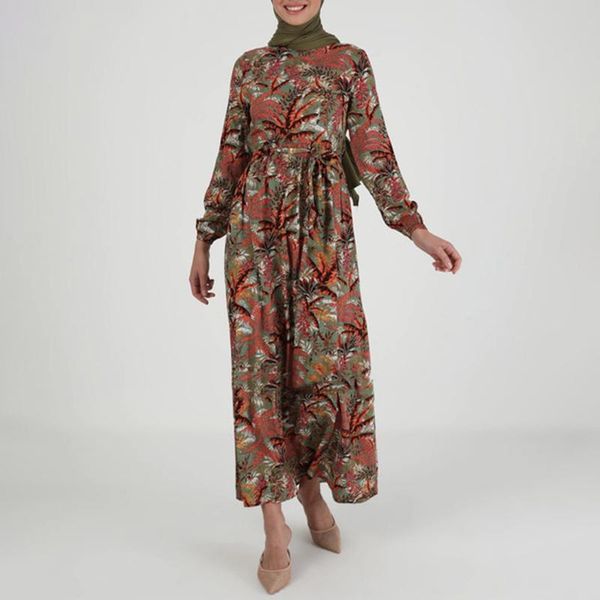Vêtements ethniques Robes imprimées musulmanes Femmes 2023 Abaya Dubai Manches longues Col rond Swing Maxi Robe Self Belt Ramadan Pakistan ClothingEthnic