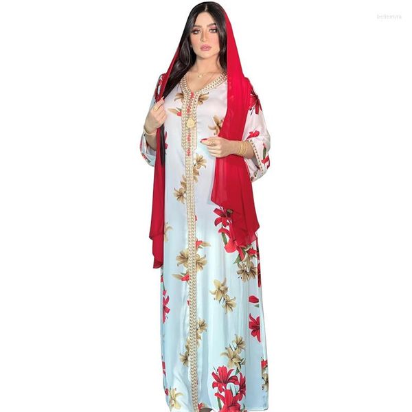 Ropa étnica vestida impresa musulmana con túnicas de encaje con cordones de la parte del centro de la tela fría y suave de las flores rojas de mujer dubai falda fluida