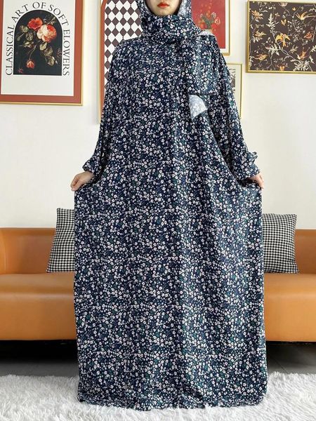 Ropa étnica Musulmán Ramadán Oración Algodón Abayas para mujeres Dubai Turquía Medio Oriente Femme Robe Floral Vestido africano suelto Turbante Adjunto