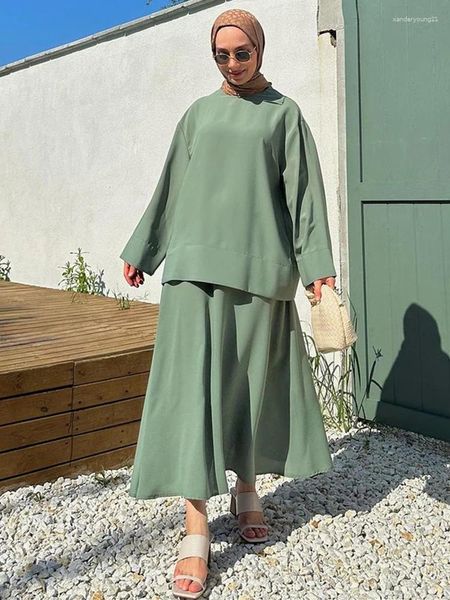 Vêtements ethniques Musulman Ramadan Solide Modeste Grande Taille Lâche Ensemble Blouse à manches longues et jupe Islamique Turc Arabie Femmes Abayas