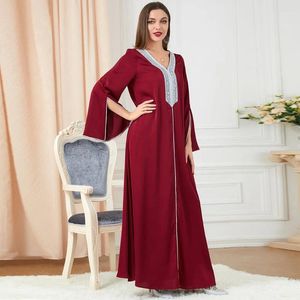 Vêtements ethniques Musulman Satin Abaya V-Col V-Col Strass Tissé Robe Robe Casual Eid Longue Robe Split Manches Femmes Moyen-Orient Solide Maxi Robe