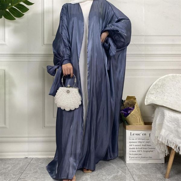 Ropa étnica musulmán satén Eid abierto Abaya Dubai burbuja manga noche turco vestidos Kaftan para mujeres islámico Kimono mujer Musulmane
