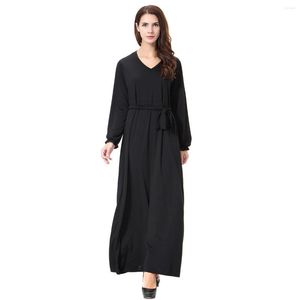 Etnische kleding moslim Saoedi -Arabië dame v nek lange mouwen maxi jurk dubai abaya gewaad islamitische vrouwelijke zwarte vaste kleur kaftan thobe