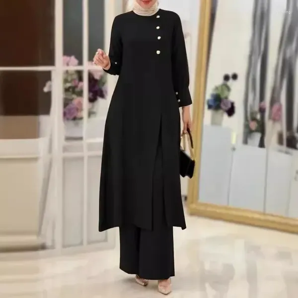 Ropa étnica set musulmana moda mujeres legantes vestidos laterales sólidos camisa larga pantalones de pierna ancha 2ps islámico dubai saudi túnica turca