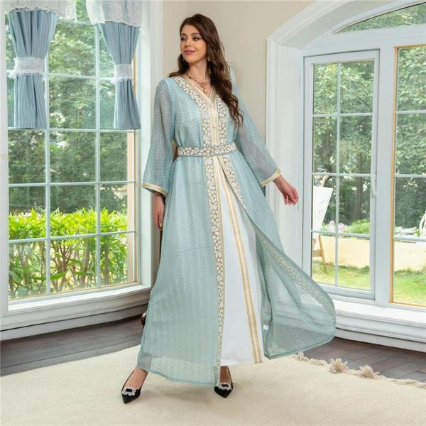 Vêtements ethniques Muslim Set Jalabiya Femmes perle du Ramadan Evening Abaya Robe de Kaftan Maroc Elegant Suit Islamic Arab Long Robes