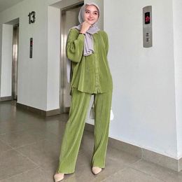 Moslims van etnische kleding Sets Fashion Islam Mode Tweede stuk vrouwen Geplooide massieve knooptoppen en brede beenbroek Pakken Dubai Turkije Abaya