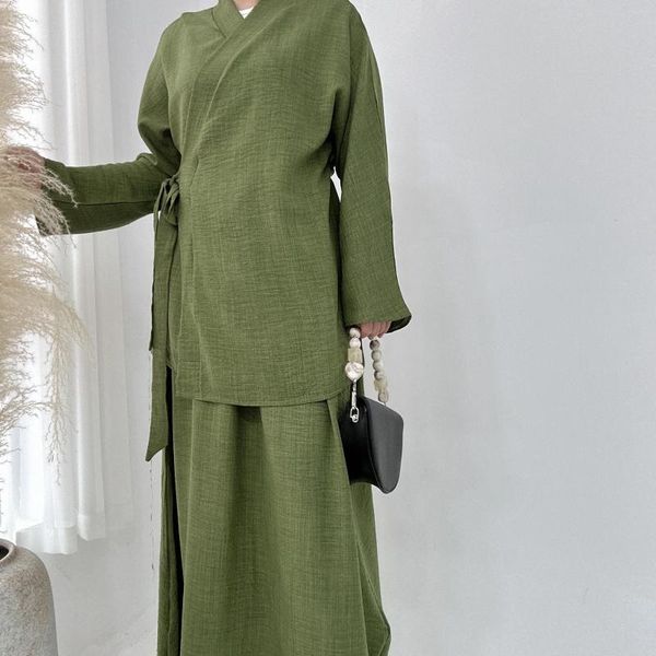 Vêtements ethniques Musulmans sets kimono hauts et jupe de taille élastique des femmes islamiques modestes tenue assortie décontractée Dubaï Turc Ramadan Eid