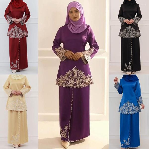 Vêtements ethniques ensembles musulmans hauts à manches longues jupes malaisie Baju Kurung costume turc broderie décontracté solide femmes ensemble assorti dames