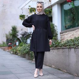 Etnische kleding moslim pak 2-delige bescheiden broek set vrouw 2023 effen lange mouw Ramadan Eid-sets Turkije Dubai tuniek islamitische tweedelig