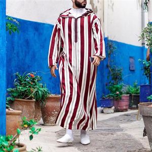 Vêtements ethniques musulman Thobe vêtements hommes à capuche Ramadan Robe caftan Abaya dubaï turquie islamique mâle décontracté lâche rayures rougesEthnic334L