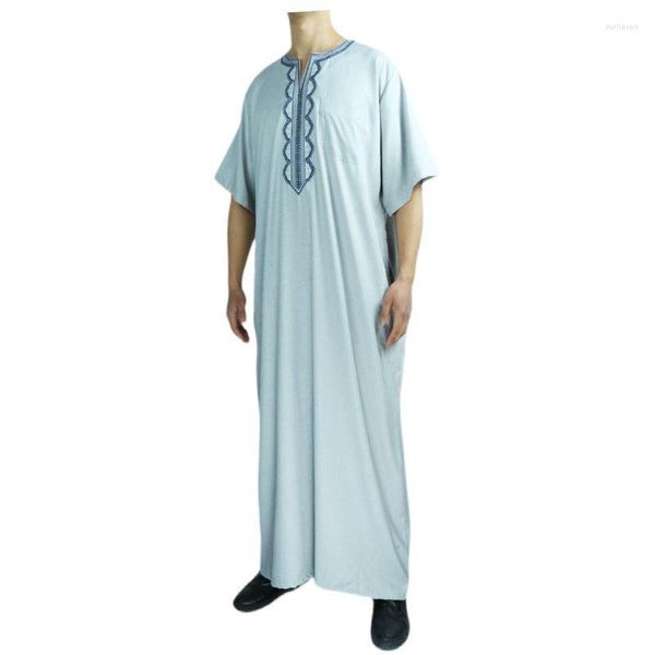 Vêtements ethniques musulman Thobe col rond à manches courtes coton lin lâche arabe hommes robe en gros