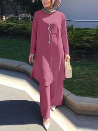 Etnische kleding moslim tweedelig sets zanzea vrouwen tracksuit elegante lang mouw blouse brede been broek vast los