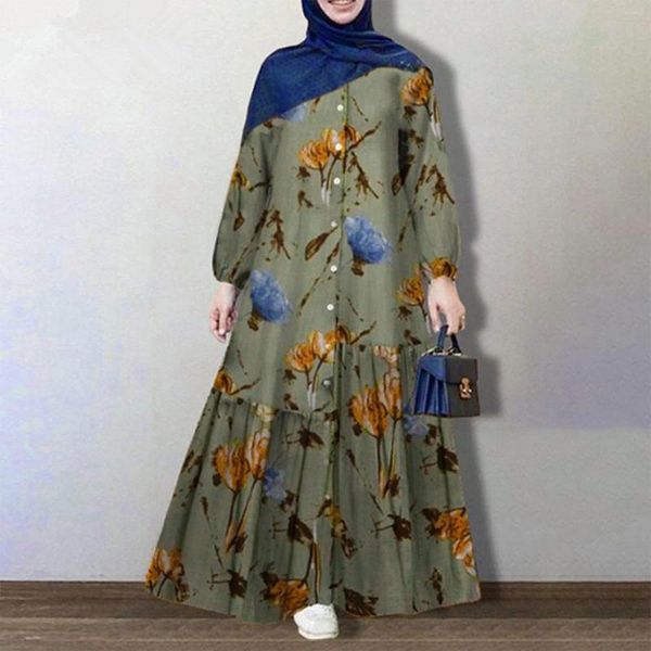 Ropa étnica musulmana estampado floral vintage vestidos largos de verano boho islam abaya mujeres algodón y lino maxi sundress playa