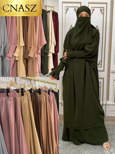 Ropa étnica Mujer musulmana Traje de oración Islam Khimar Hijab Dubai Abaya Jilbab Conjunto de 2 piezas Árabe Negro Turquía Tienda Sombreros de Ramadán 221007