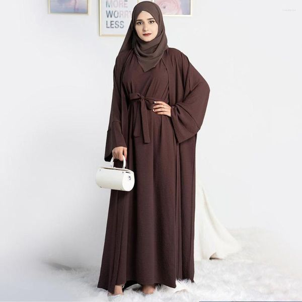 Conjunto de ropa étnica para mujer musulmana, vestido sin mangas de tela arrugada de 2 piezas, Kimono Abaya Dubai Turk Hijabi, traje Casual Islam Ramadán (No
