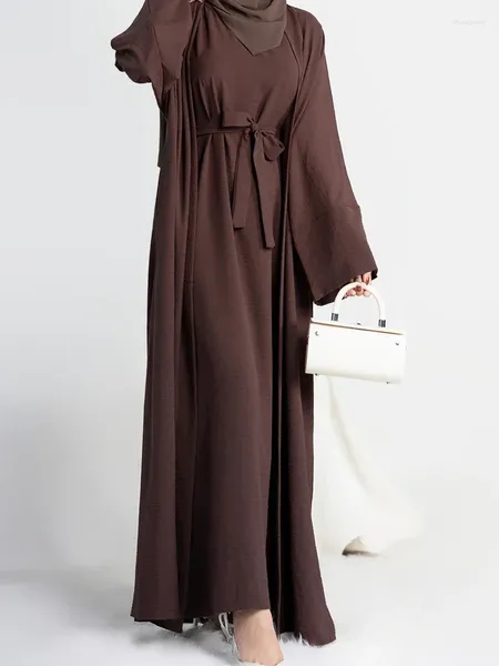 Vêtements ethniques Femme musulmane Ensemble 2 pièces Abaya Kimono avec robe intérieure sans manches Tenues assorties simples Dubaï Turquie Casual Islamique