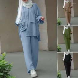 Vêtements ethniques Femmes musulmanes 2 pièces Ensemble Blouse et pantalon à jambe large Kaki Abaya Élégant islamique avec poches Modeste Eid Costume à manches longues