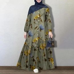 Ropa étnica Mujeres musulmanas Abayat Algodón Lino Manga larga Abaya Femme Moda Suelta Casual Vestido floral Europa América Medio Oriente Árabe