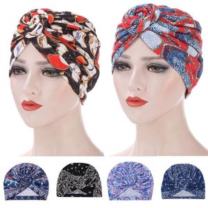 Abbigliamento etnico Donne musulmane Cofano Cancro Cappello Chemio Cap Perdita di capelli Sciarpa pieghettata Turbante Coprispalle Stampa Moda Berretti Skullies