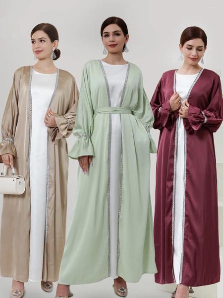 Vêtements ethniques Femmes musulmanes Dubaï Abaya Robe avec gilet Mode Solide Perles Kimono Cardigan Robe Femme Trompette Mariage Soirée Maxi