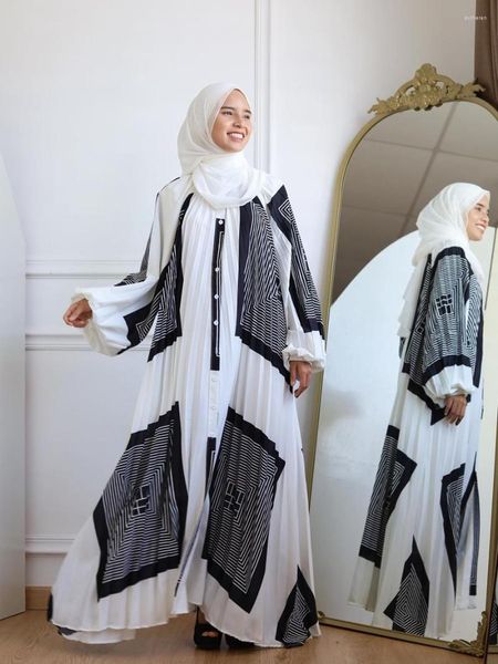 Vêtements ethniques femmes musulmanes dubaï Abaya imprimé longue Robe plissée ballon manches ample décontracté Robe Femme chemise robes Islam