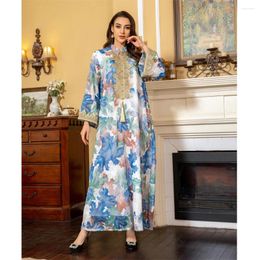 Ropa étnica Mujeres musulmanas Estampado floral Abaya Manga larga Maxi Vestido Dubai Kaftan Eid Vestido de fiesta Islámico Ramadán Árabe Femme Jalabiya