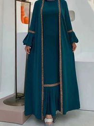 Ropa étnica Mujeres musulmanas Vestido hijab juego de 2 piezas Eid linterna Slve maxi vestido largo ropa islámica caftan kimono swing abaya vestidos t240515
