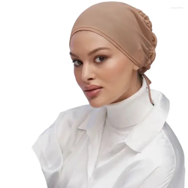 Ropa étnica Mujeres musulmanas Jersey Hijab Poliéster Serigrafía Base Sombrero Elástico Plisado Cap Color Sólido Transpirable Sjaal Hoofddoek